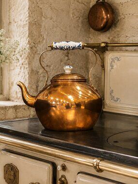 Vintage Solid Copper Tea Kettle With Blue White Matching Floral Knob and Handle